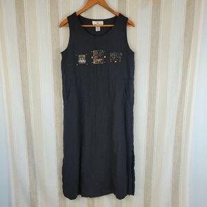 Vintage Erin London Silk Linen Midi Dress Black Size Small Lagenlook Safari‎